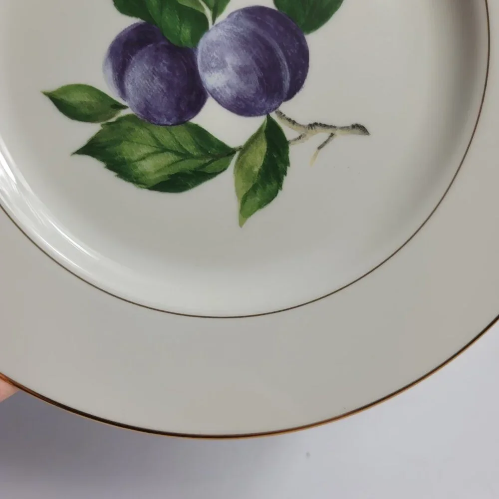 TWO Mikasa Plum Court L3132 Salad Plates White with Purple Plums & Green Leaves